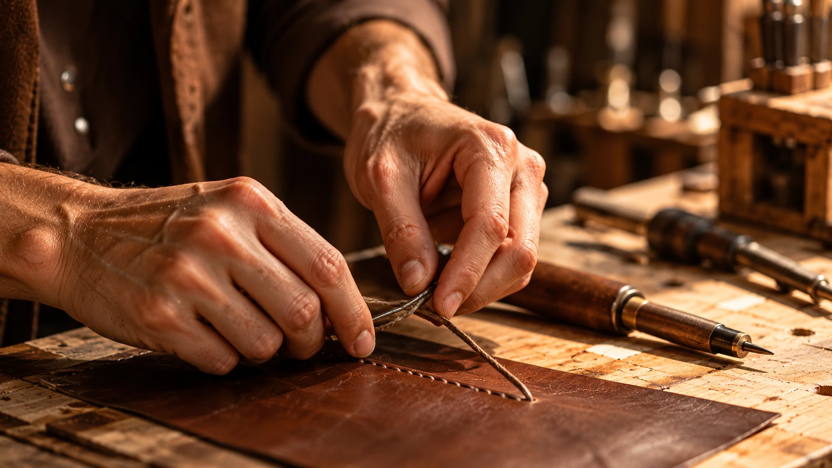 Mains d’un artisan travaillant une pièce de cuir sur un établi