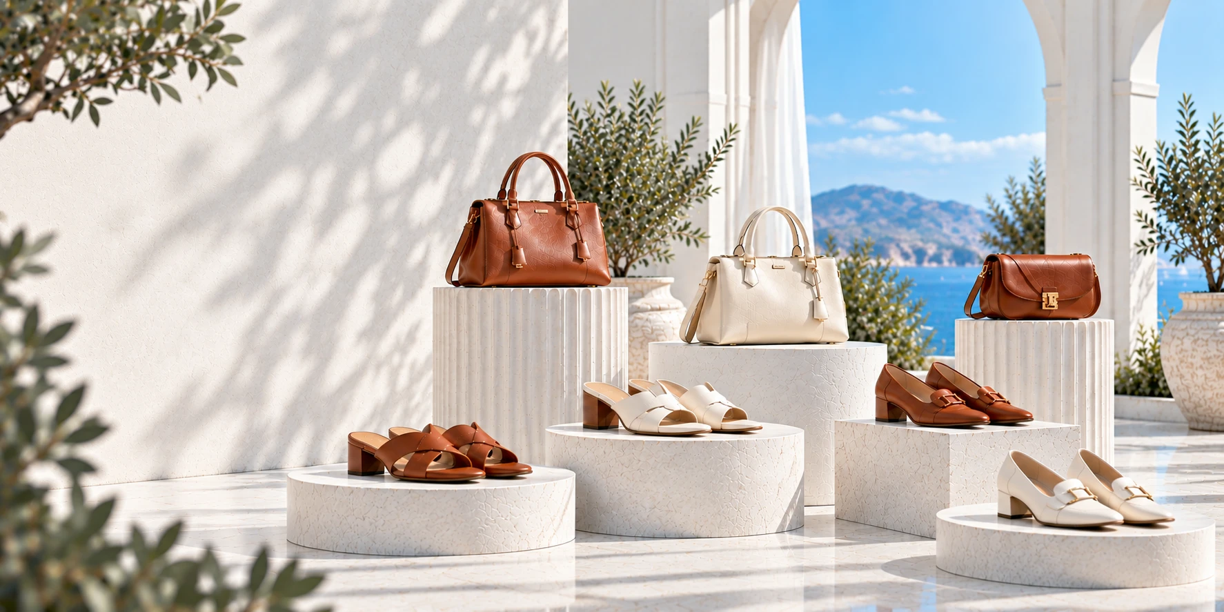 Sacs à main et chaussures en cuir caramel et crème présentés sur des socles en pierre blanche, devant une arche ouverte sur la mer