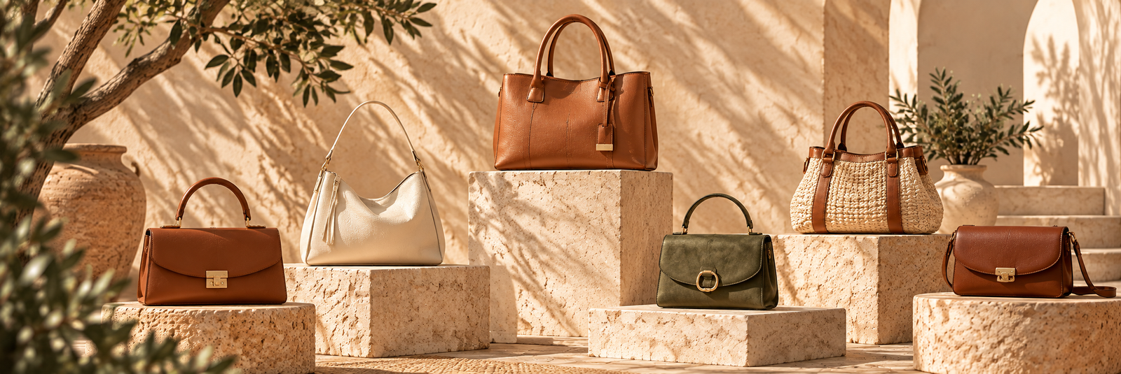 Collection de sacs à main en cuir cognac, crème et vert olive présentés sur des socles en pierre