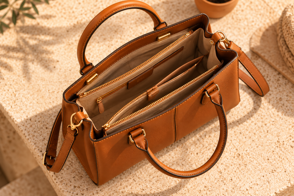 Intérieur du sac Amal caramel ouvert : compartiments zippés dorés et doublure beige