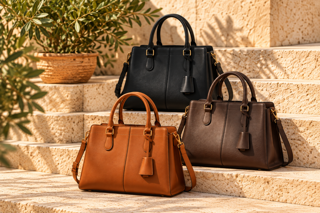 Trois sacs Amal sur des marches en pierre : caramel, noir et marron foncé